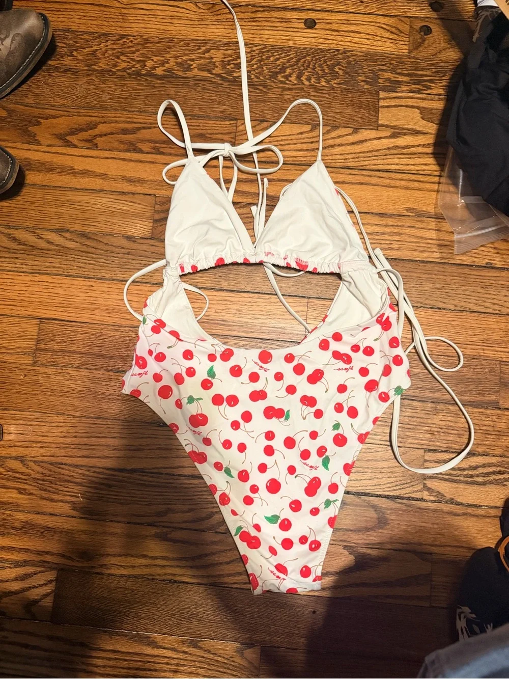 NWOT Frankie's Bikinis White Cherry Cutout One-Piece Swimsuit Sz medium